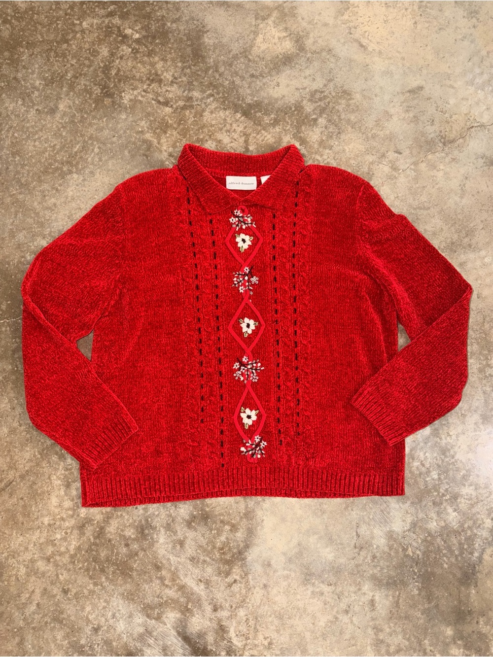 Alfred Dunner Red Chenille Embroidered Floral Holiday Sweater XL Festive